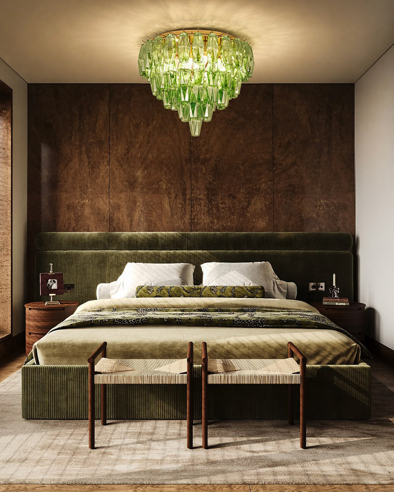 Murano Emerald Green Cascading Prism Ceiling Light - Flush Mount, Lux Gold Trim - Bedrooms & Living Rooms