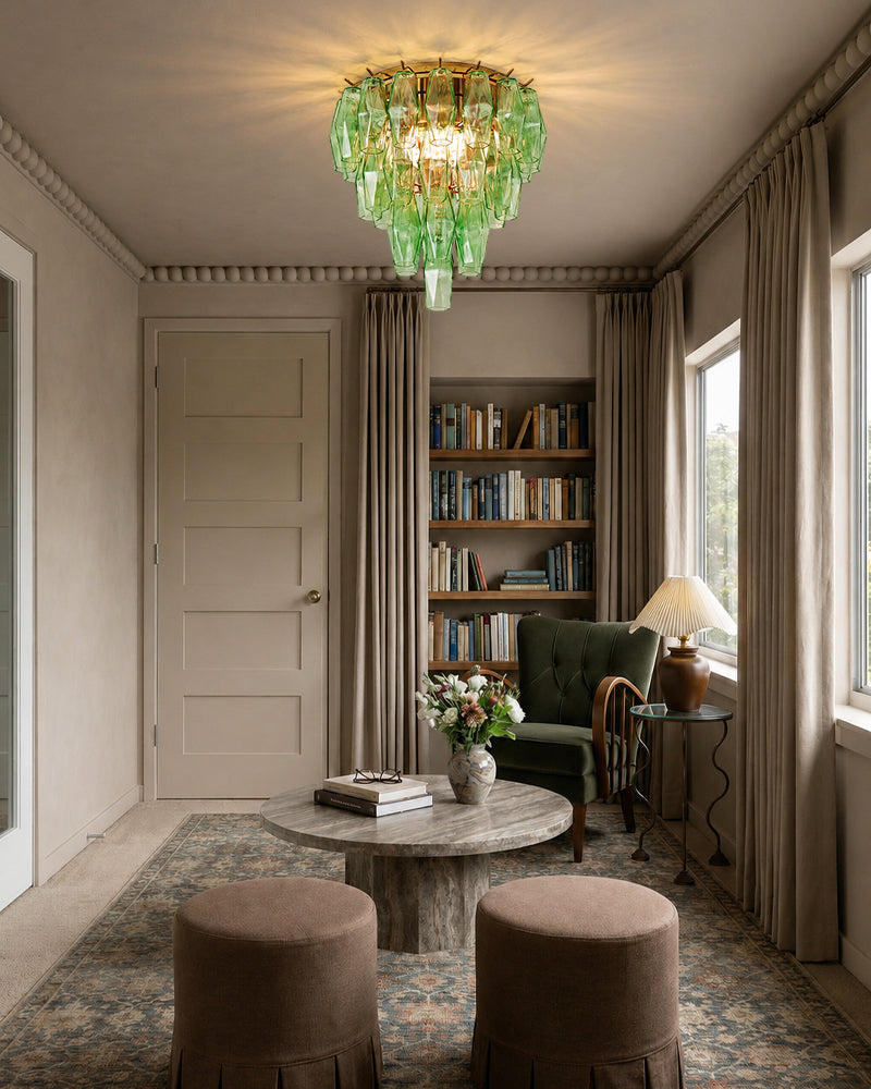 Murano Emerald Green Cascading Prism Ceiling Light - Flush Mount, Lux Gold Trim - Bedrooms & Living Rooms