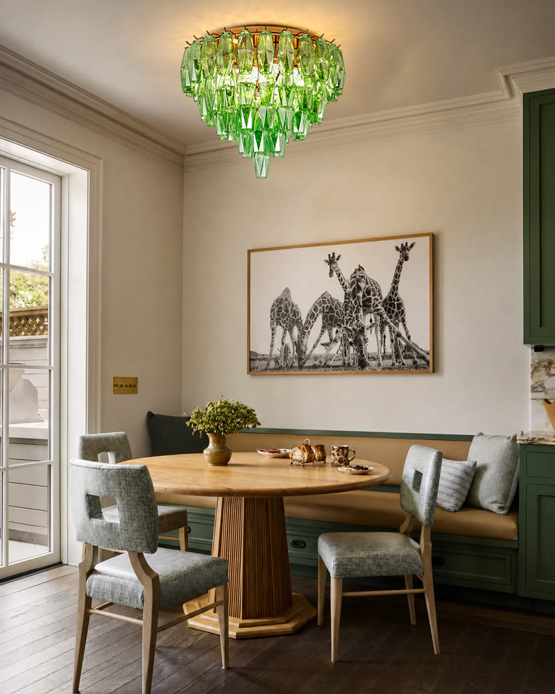 Murano Emerald Green Cascading Prism Ceiling Light - Flush Mount, Lux Gold Trim - Bedrooms & Living Rooms