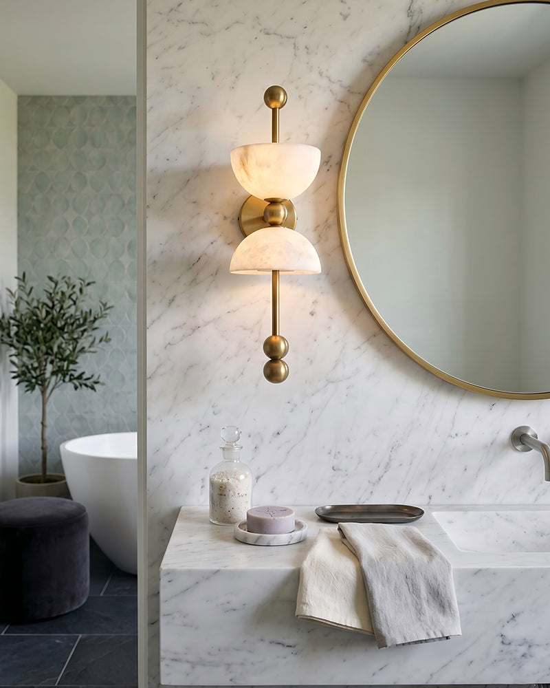 Alabaster Semicircle Dome Wall Light Sconce - Natural Spanish Alabaster Domes, Heritage Brass Trim - Bedrooms, Hallways & Bathrooms
