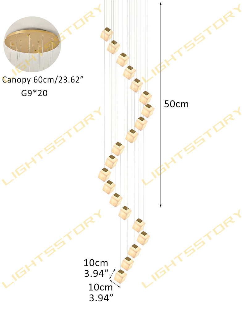 Alabaster Cube Cluster Sculptural Pendant Light - Natural Spanish Alabaster, Lux Gold Trim - Lobby, Foyer, Stairwells and High Ceilings