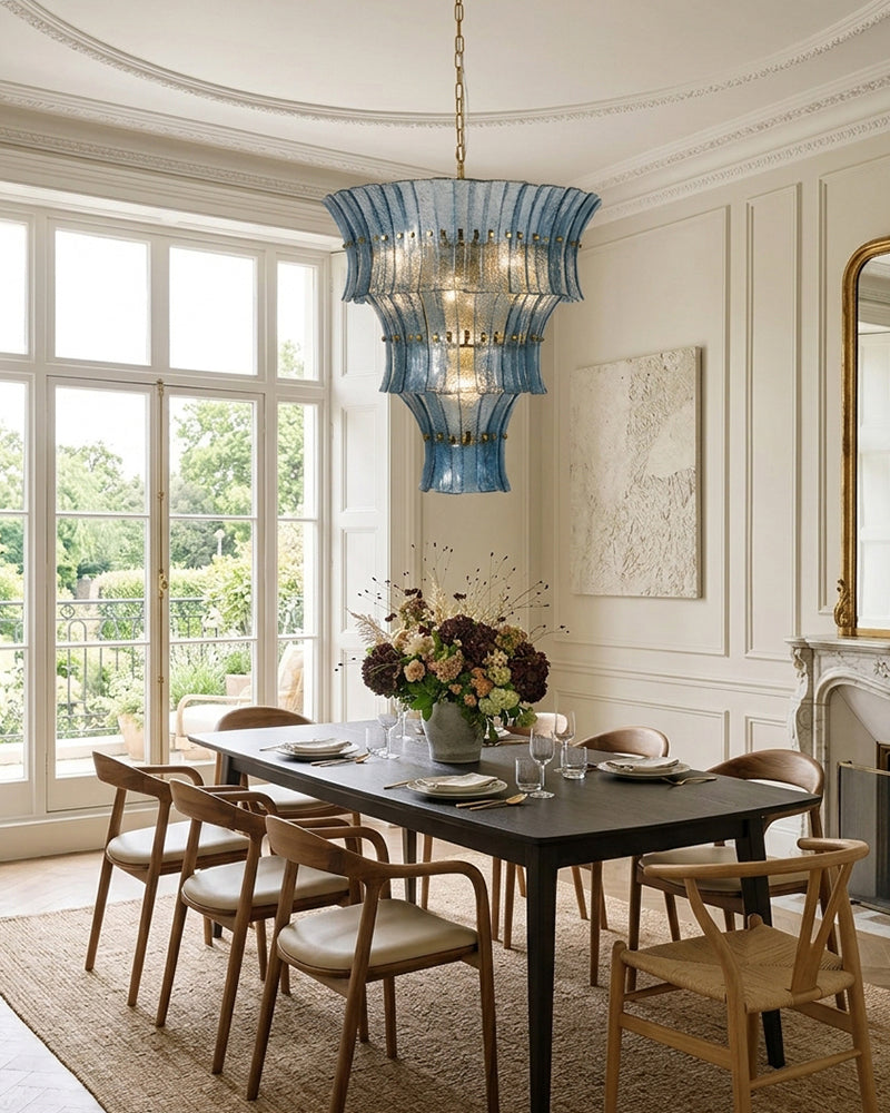 Ghiaccio Glass Atlantic Blue Prism Multi Tiered Waterfall Chandelier - Heritage Brass Trim - Living Room & Dining Room