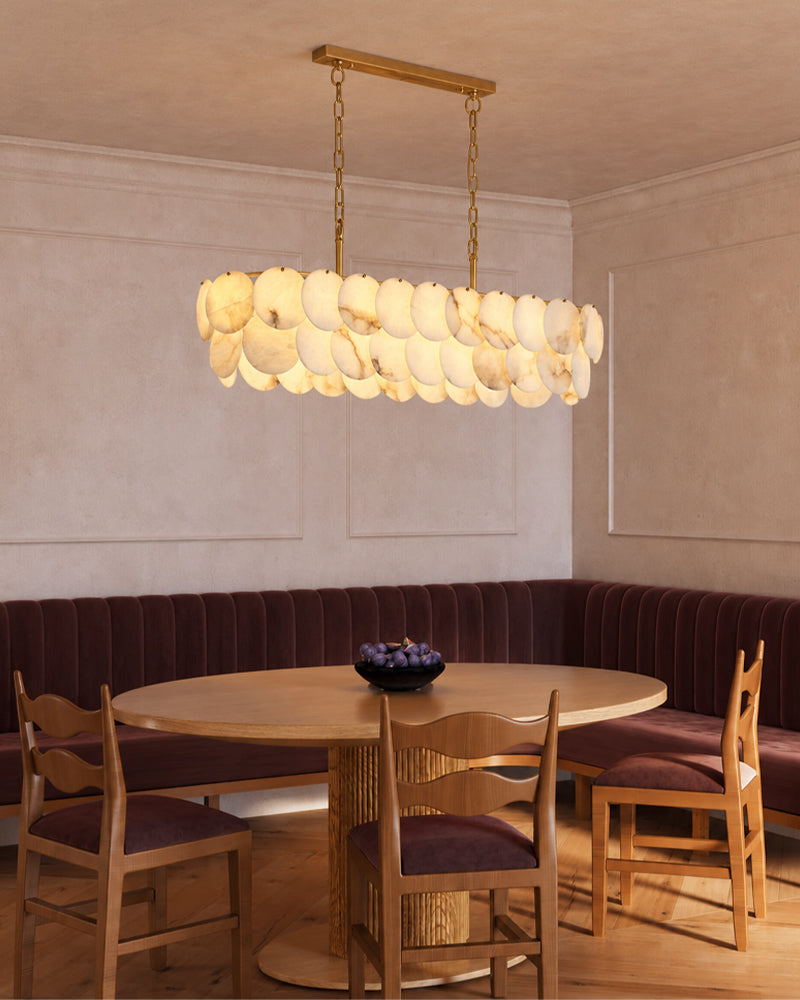 Alabaster Organic Disc Golden Canopy Linear Chandelier - Natural Spanish Alabaster, Lux Gold Trim - Kitchen Islands & Dining Rooms