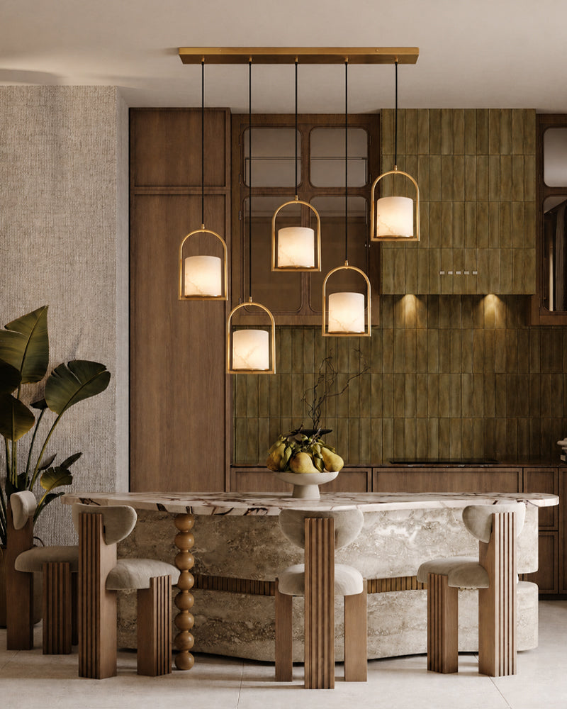 Alabaster Cylinder Arched Lantern Pendant Light - Natural Spanish Alabaster, Serene Black Trim - Kitchens, Dining & Living Rooms
