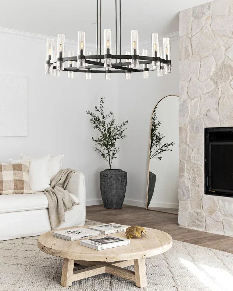 Ravelle Series Geometric Chandelier | Linear Premium hand-blown glass and solid brass construction, Lacquered black brass finish for Dining Rooms and Kitchen Islands American chandelier