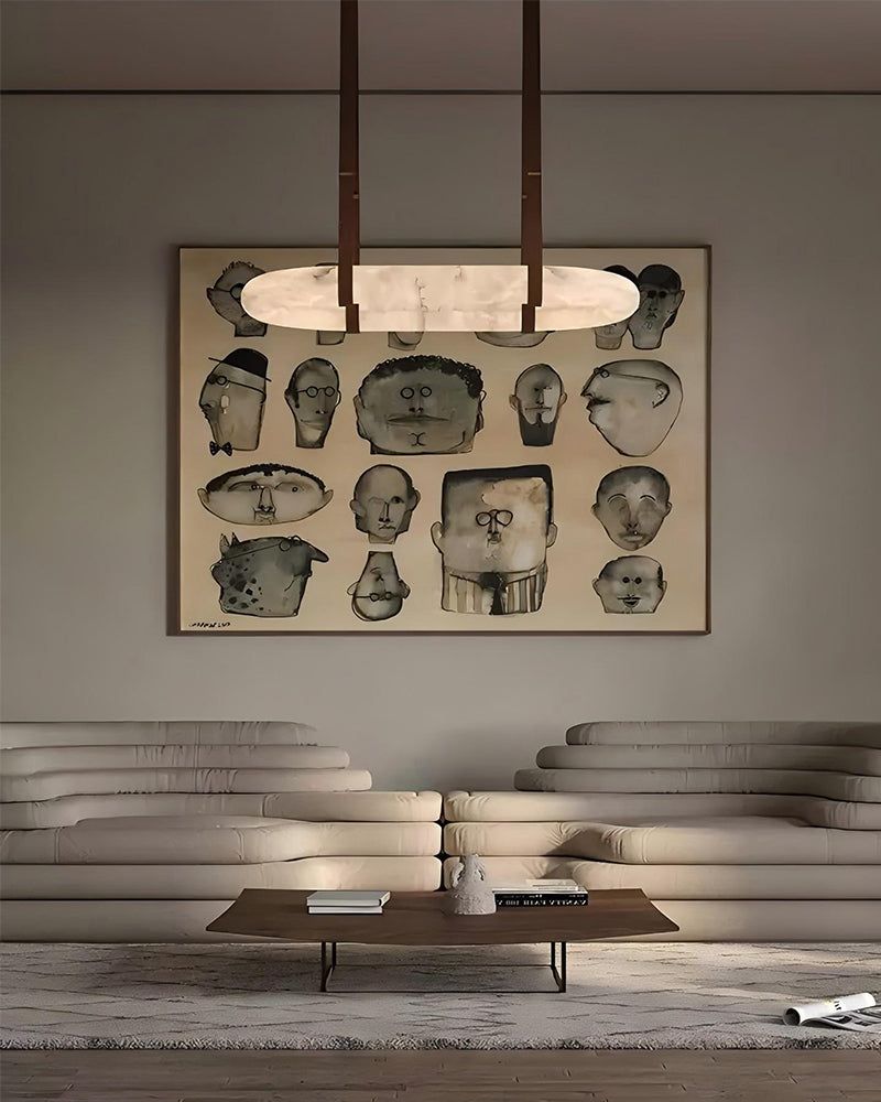 Modern Oval Alabaster LED Lacther Pendant Light Wide 32" 40" 48" for living room