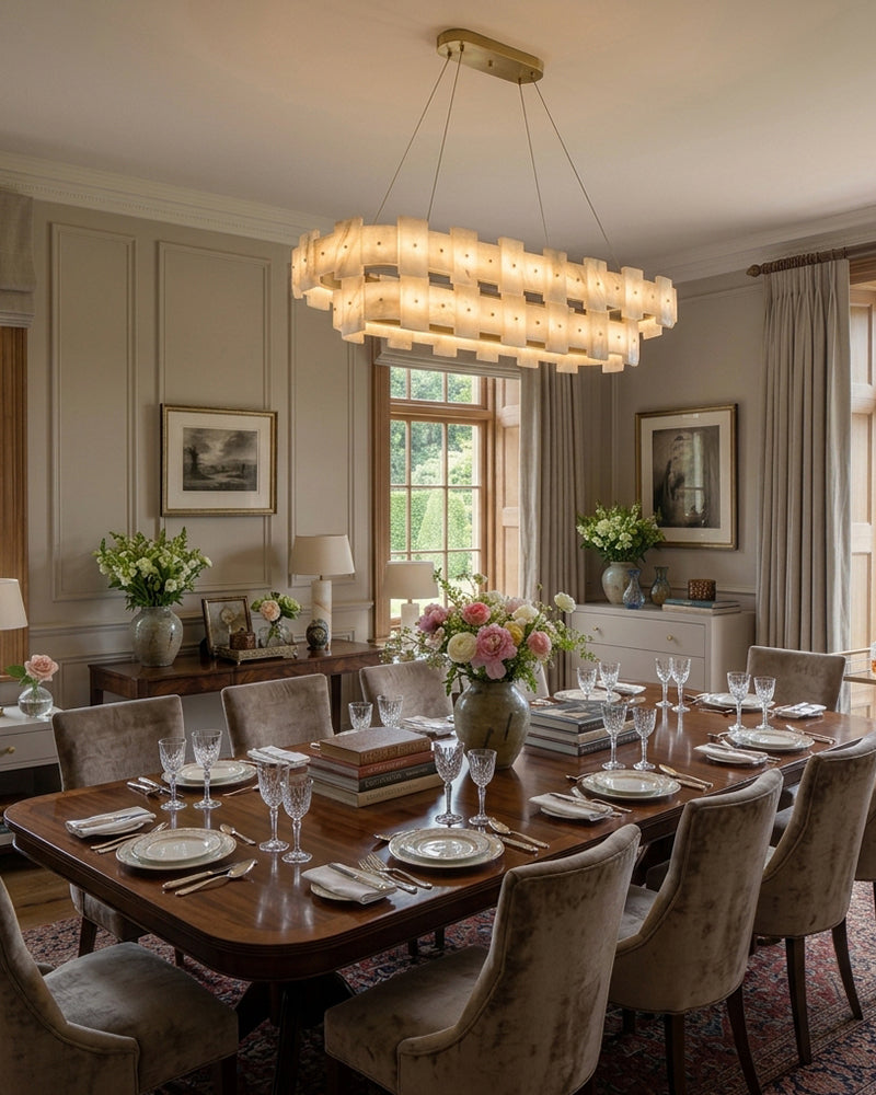 Alabaster Oval Ring Tiled Pendant Light - Natural Spanish Alabaster Tiles, Lux Gold Trim - Kitchen Island & Dining Rooms