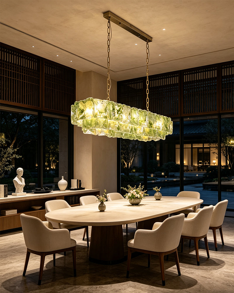 Chiara Murano Glass Contemporary Citrus Green Panel Linear Chandelier - Lux Gold Trim - Kitchen Islands & Dining Rooms