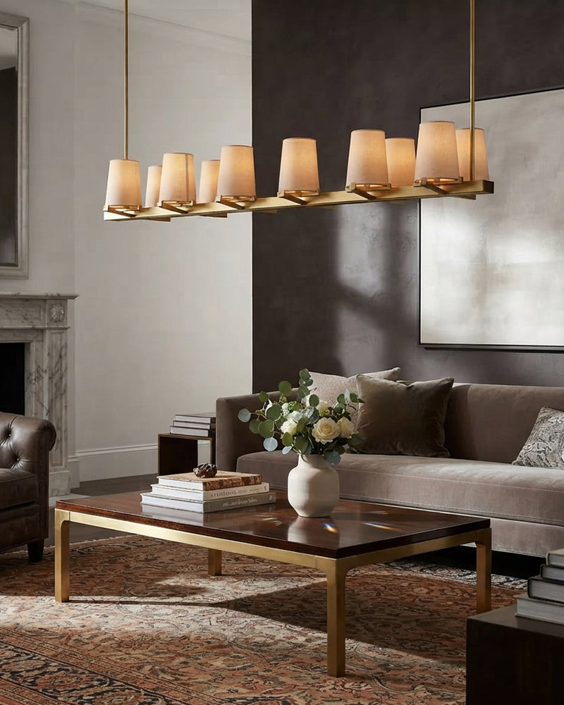 Ravello Organic Linen Shade Tapered Candelabra Chandelier - Organic Fabric Design, Lux Gold Trim - Kitchen Islands & Dining Rooms
