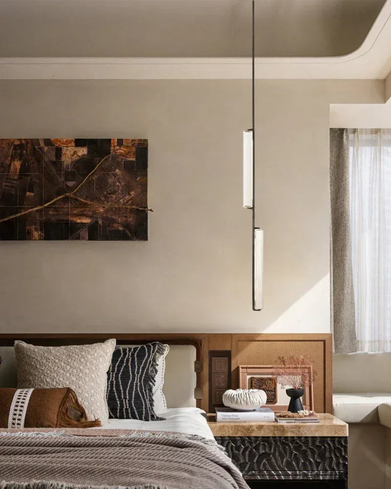 Valence Series Architectural Linear Chandelier | Triple Bar Prism Meticulously crafted clear prisms with vertical brass drops, Lacquered Burnished Brass and Black for Dining Rooms and Kitchen Islands American chandelier