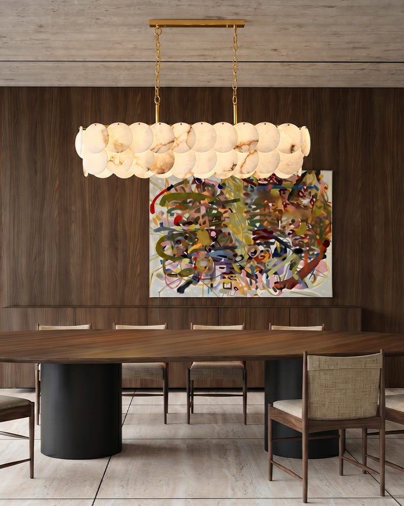 Alabaster Organic Disc Golden Canopy Linear Chandelier - Natural Spanish Alabaster, Lux Gold Trim - Kitchen Islands & Dining Rooms