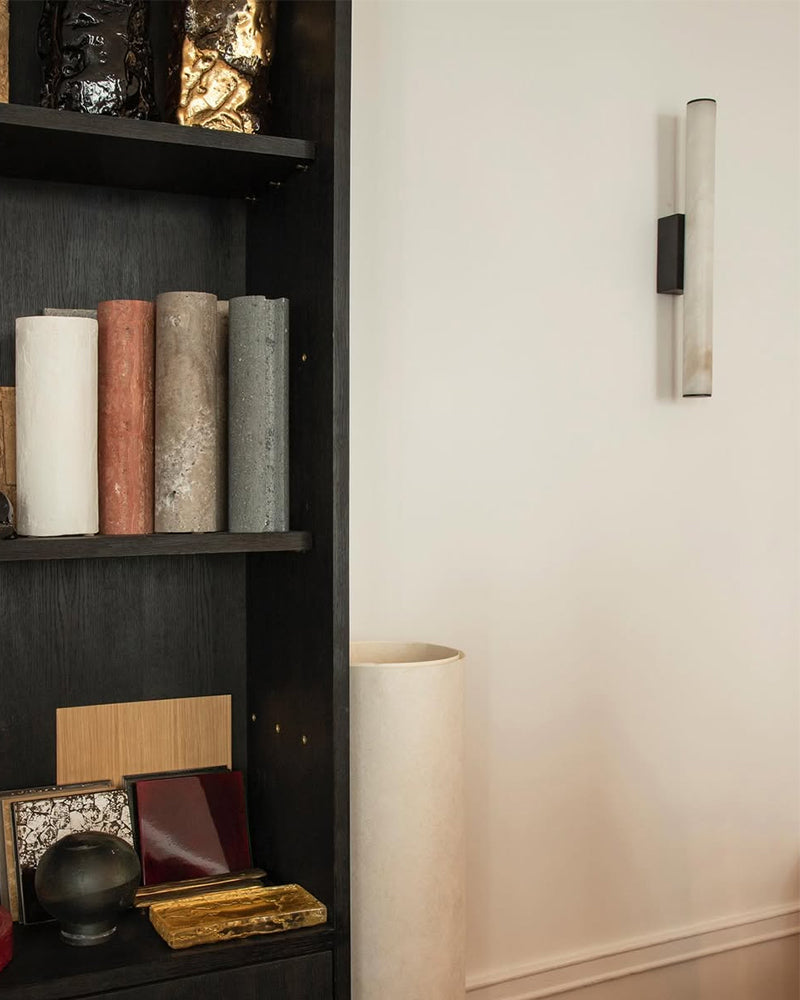 Callisto Linear Strip Long Wall Sconces Brass/Black Metal | Natural Marble Shade