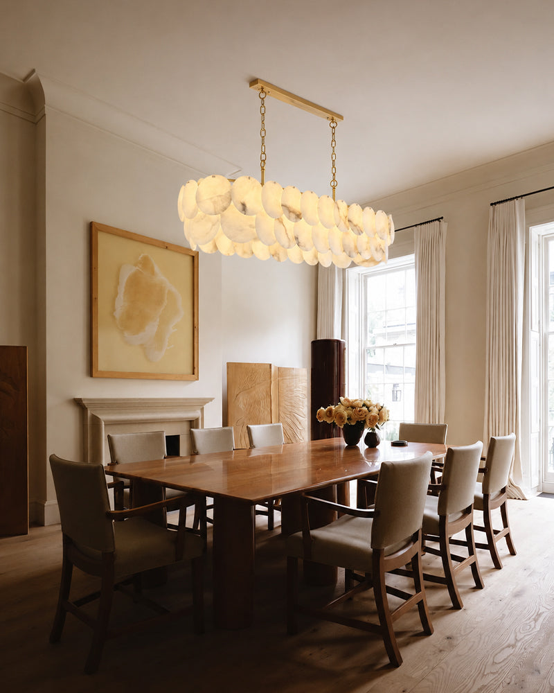 Alabaster Organic Disc Golden Canopy Linear Chandelier - Natural Spanish Alabaster, Lux Gold Trim - Kitchen Islands & Dining Rooms