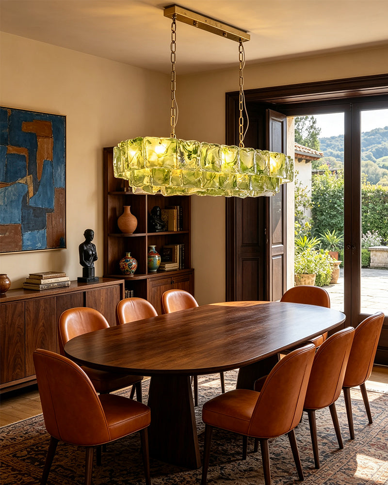 Chiara Murano Glass Contemporary Citrus Green Panel Linear Chandelier - Lux Gold Trim - Kitchen Islands & Dining Rooms