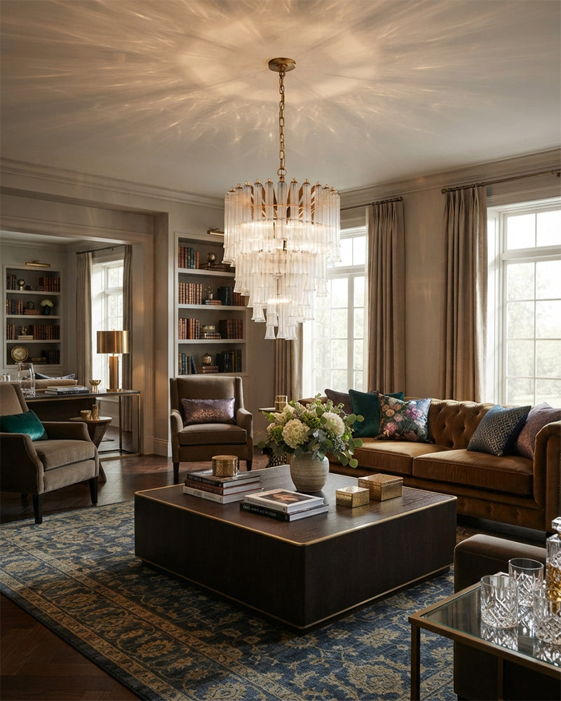 Bellagio Opal Glass Cascading Fluted Waterfall Chandelier - Opal Glass, Lux Brass Trim - Living Rooms, Bedrooms, Dining Rooms