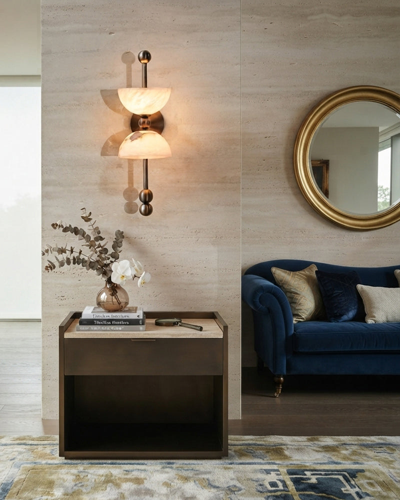 Alabaster Semi Dome Cup Wall Light Sconce - Natural Spanish Alabaster Domes, Heritage Brass Trim - Bedrooms, Hallways & Bathrooms