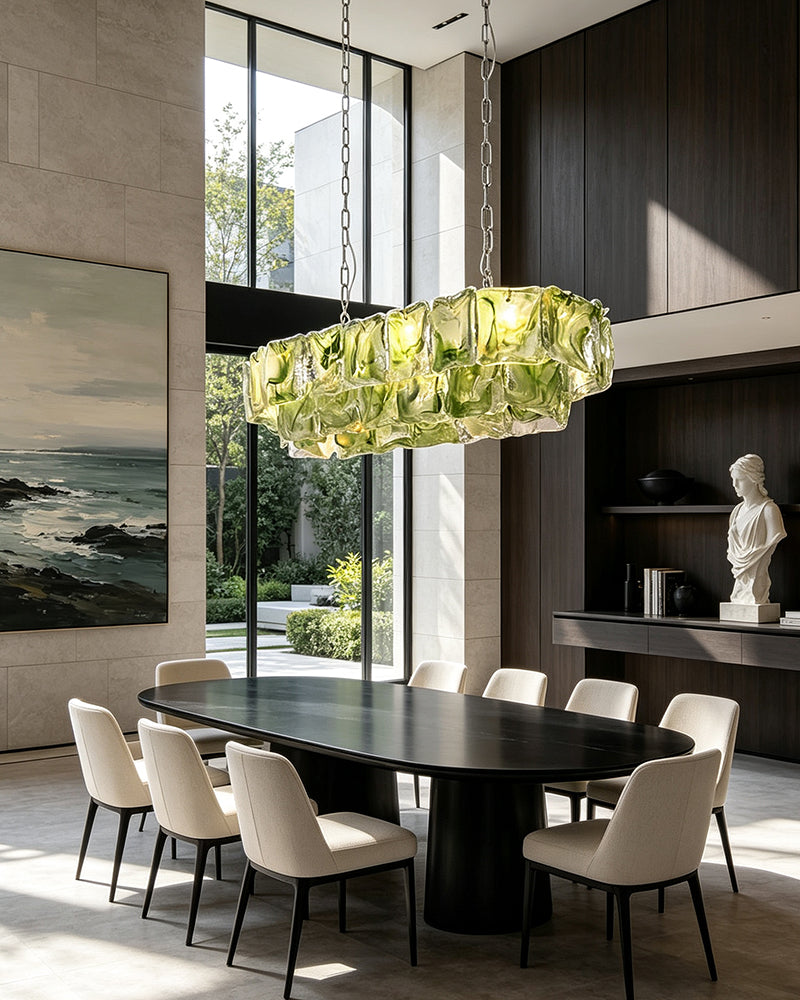 Chiara Murano Glass Contemporary Citrus Green Panel Linear Chandelier - Lux Gold Trim - Kitchen Islands & Dining Rooms