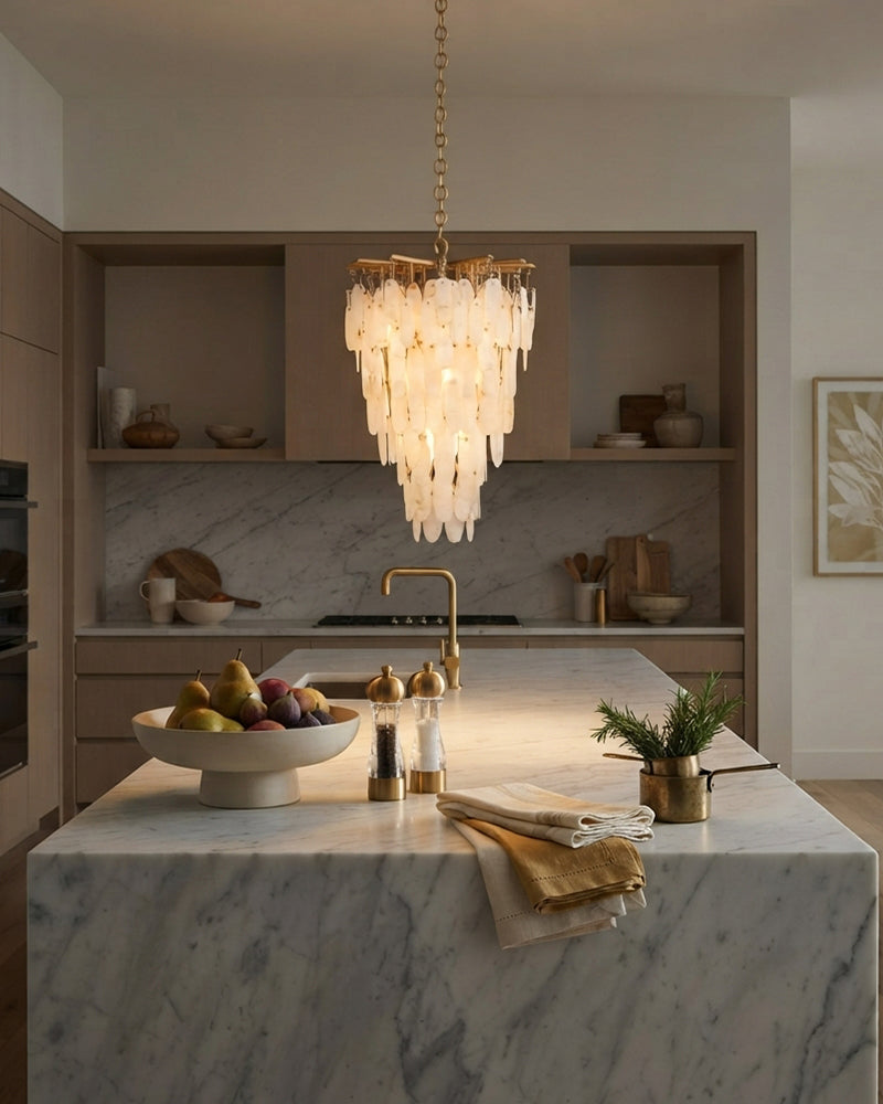 Moritz Alabaster Multi Tiered Textured Swirl Prism Chandelier - Natural Spanish Alabaster, Serene Matte, Lux Gold Trim - Living Rooms, Bedrooms, Dining Rooms