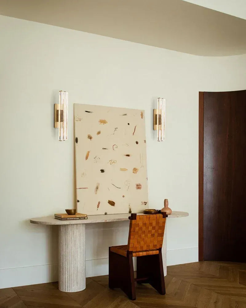 Valence Series Architectural Linear Chandelier | Triple Bar Prism Meticulously crafted clear prisms with vertical brass drops, Lacquered Burnished Brass and Black for Dining Rooms and Kitchen Islands American chandelier