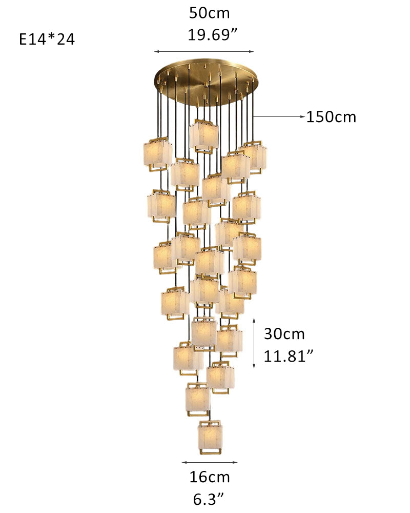 24-light cluster pendant lamp with copper frame and marble shades, dimensions 50cm x 150cm.