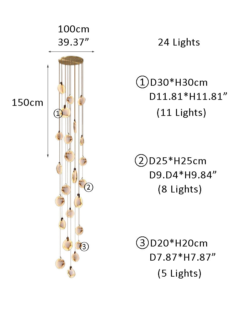 Postmodern LED chandelier specifications with dimensions for modern interiors.