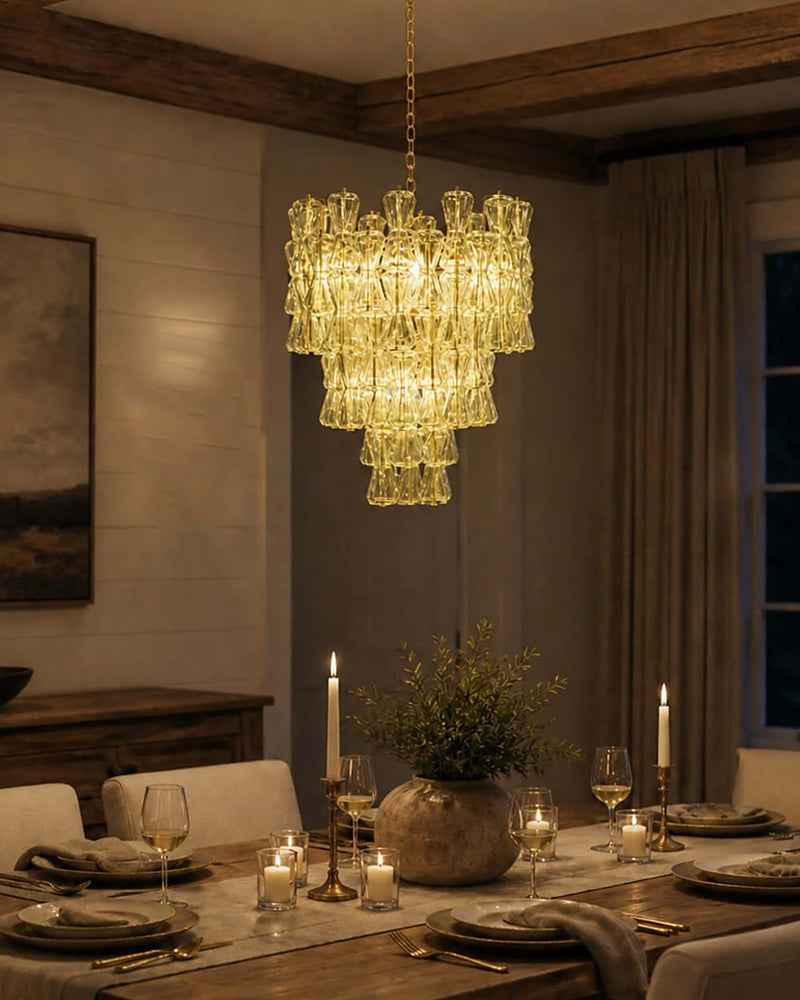 Murano Glass Cascade Tiered Chandelier - Amber & Clear & Green Glass