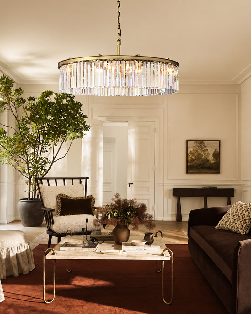 Deauville K9 Crystal Round Teardrop Prism Drum Chandelier - Precision-Cut Crystal, Serene Black Trim - Living Rooms, Bedrooms, Dining Rooms