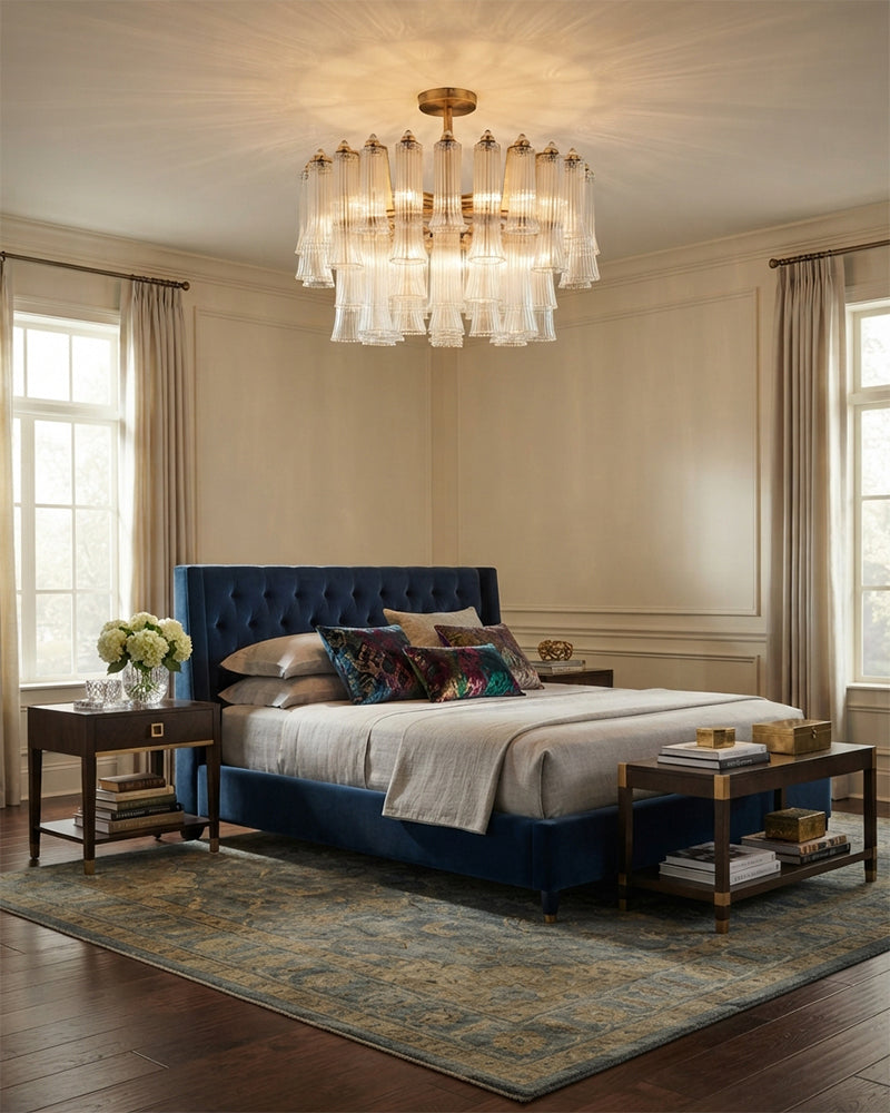 Bellagio Fluted Opal Glass Double Tier Ceiling Light - Semi Flush Mount, Lux Brass Trim - Bedrooms & Living Rooms
