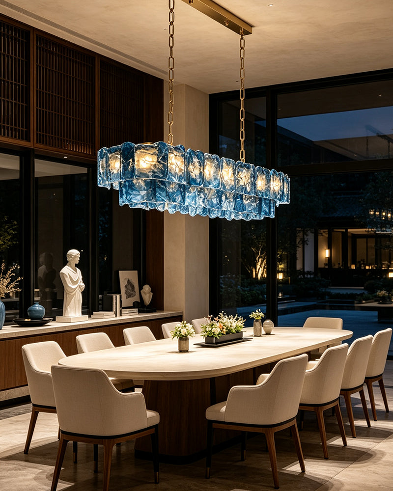 Chiara Murano Glass Contemporary Azure Blue Panel Linear Chandelier - Lux Gold Trim - Kitchen Islands & Dining Rooms