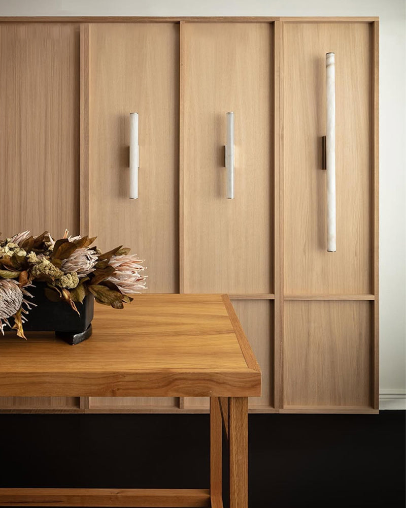 Callisto Linear Strip Long Wall Sconces Brass/Black Metal | Natural Marble Shade