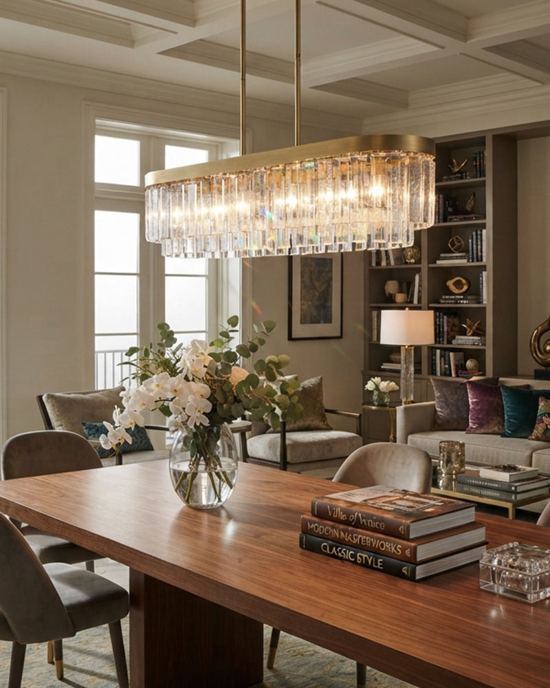 Courmayeur Crystal Clear Glass Double Tier Linear Chandelier - Crystal Clear Glass, Lux Gold Trim - Living Rooms, Bedrooms, Dining Rooms