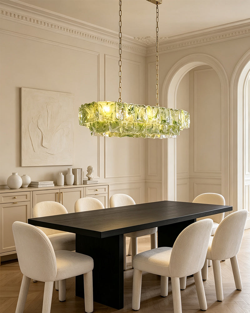 Chiara Murano Glass Contemporary Citrus Green Panel Linear Chandelier - Lux Gold Trim - Kitchen Islands & Dining Rooms