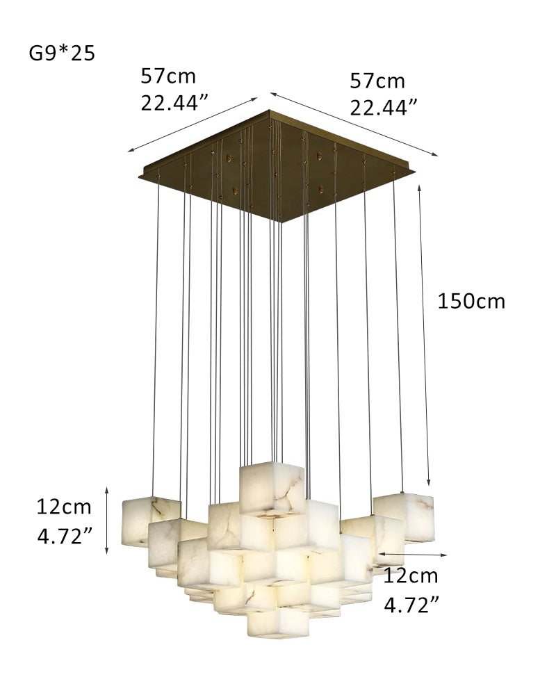 Dimensions of square white alabaster chandelier: 57x57cm, hanging height 150cm.