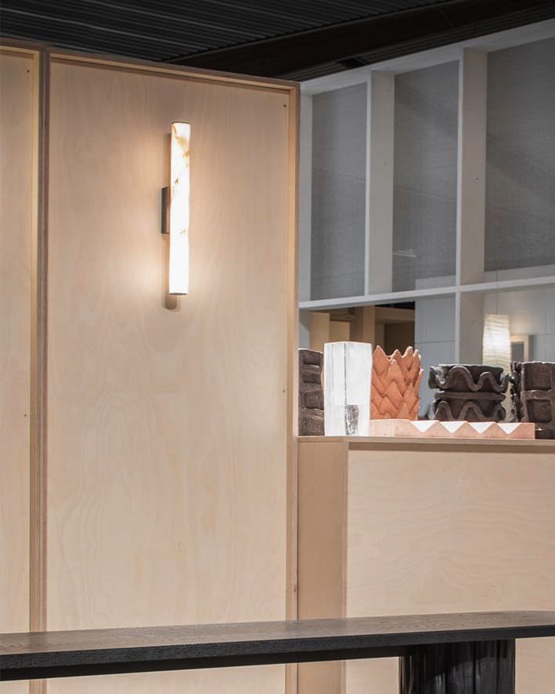 Callisto Linear Strip Long Wall Sconces Brass/Black Metal | Natural Marble Shade