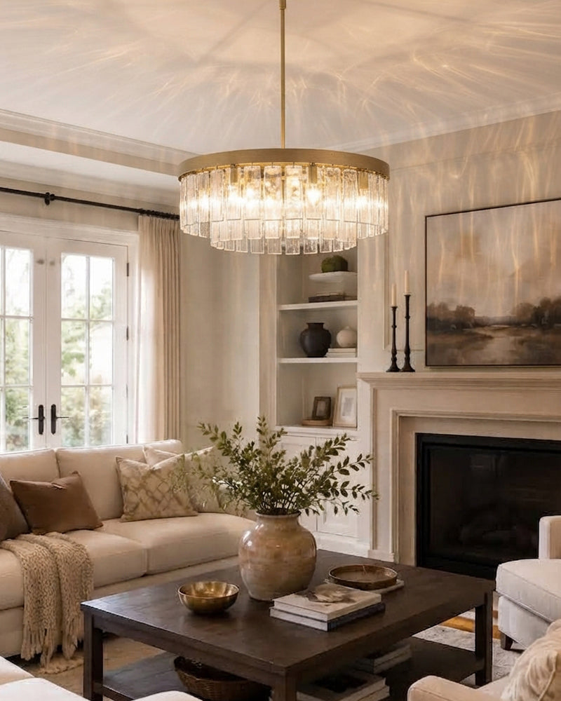 Courmayeur Crystal Clear Glass Double Tier Ring Chandelier - Crystal Clear Glass, Lux Gold Trim - Living Rooms, Bedrooms, Dining Rooms