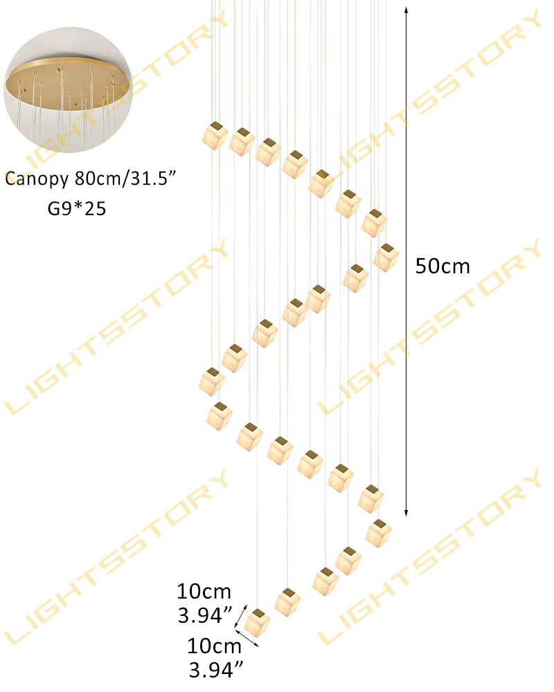 Alabaster Cube Cluster Sculptural Pendant Light - Natural Spanish Alabaster, Lux Gold Trim - Lobby, Foyer, Stairwells and High Ceilings