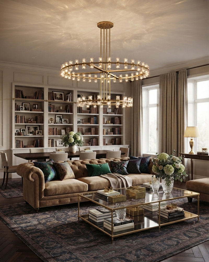 Biarritz K9 Crystal Multi Tiered Fluted Halo Ring Candelabra Chandelier - Precision-Cut Crystal, Serene Brass Trim - Living Rooms, Bedrooms, Dining Rooms