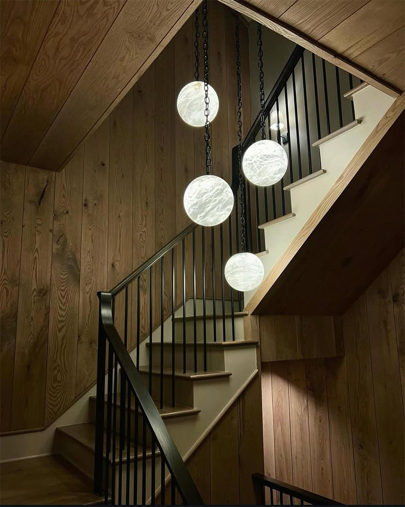 Modern Moon Alabaster Globe Swag Chandelier Wide 6" 8" 10" | Brass/Black Chain