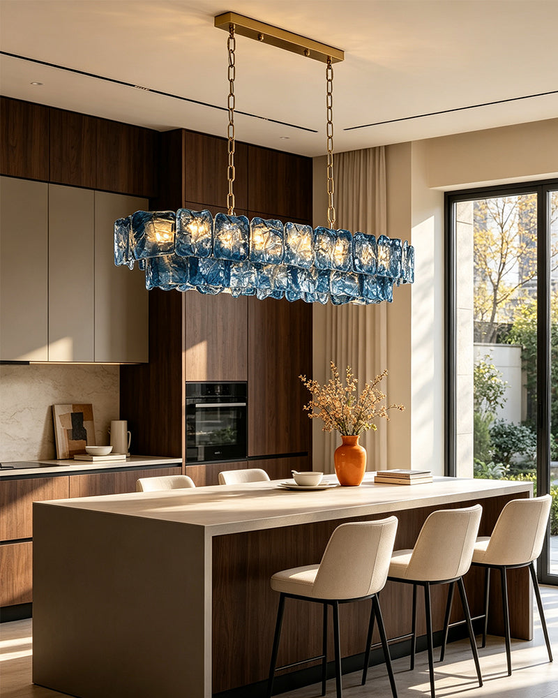 Chiara Murano Glass Contemporary Azure Blue Panel Linear Chandelier - Lux Gold Trim - Kitchen Islands & Dining Rooms