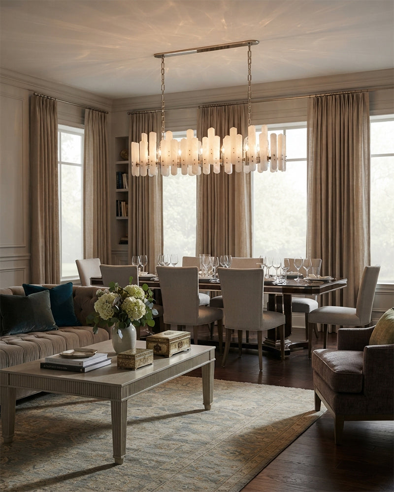 Zermatt Alabaster Staggered Halo Ring Chandelier - Natural Spanish Alabaster, Serene Chrome Trim - Living Rooms, Bedrooms, Dining Rooms