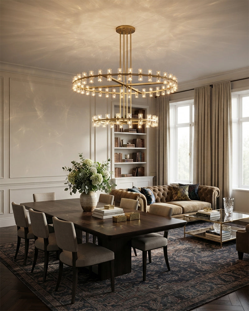 Biarritz K9 Crystal Multi Tiered Fluted Halo Ring Candelabra Chandelier - Precision-Cut Crystal, Serene Brass Trim - Living Rooms, Bedrooms, Dining Rooms