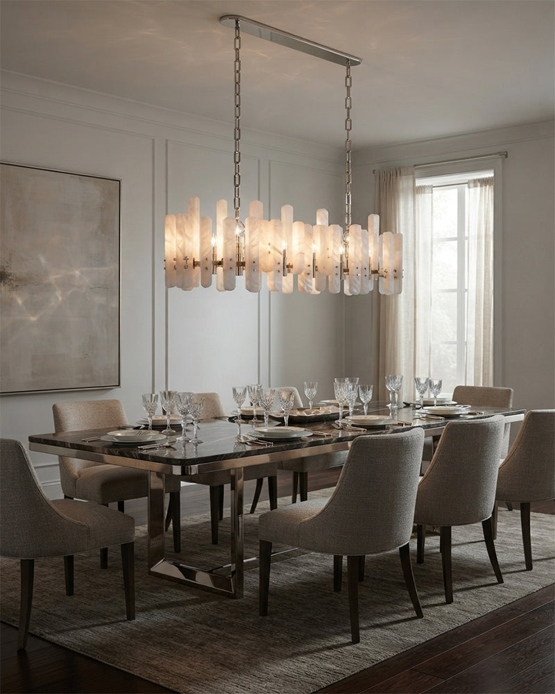 Zermatt Alabaster Staggered Halo Ring Chandelier - Natural Spanish Alabaster, Serene Chrome Trim - Living Rooms, Bedrooms, Dining Rooms