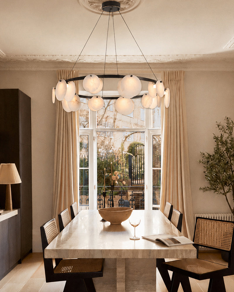 Alabaster Concentric Ring Disc Pendant Light  - Natural Spanish Alabaster Discs, Serene Black Trim - Kitchens, Dining & Living Rooms