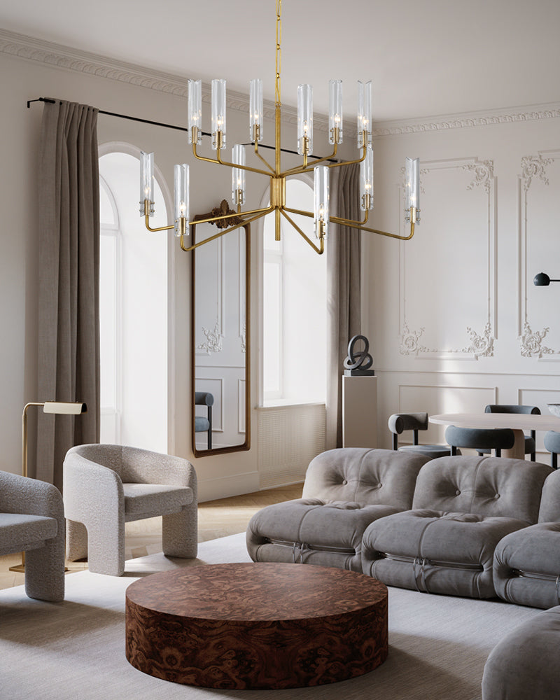 Modern Candelabra Clear Glass Chandelier Brushed Antique Brass Framework