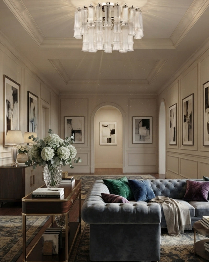 Bellagio Fluted Opal Glass Double Tier Ceiling Light - Semi Flush Mount, Lux Brass Trim - Bedrooms & Living Rooms