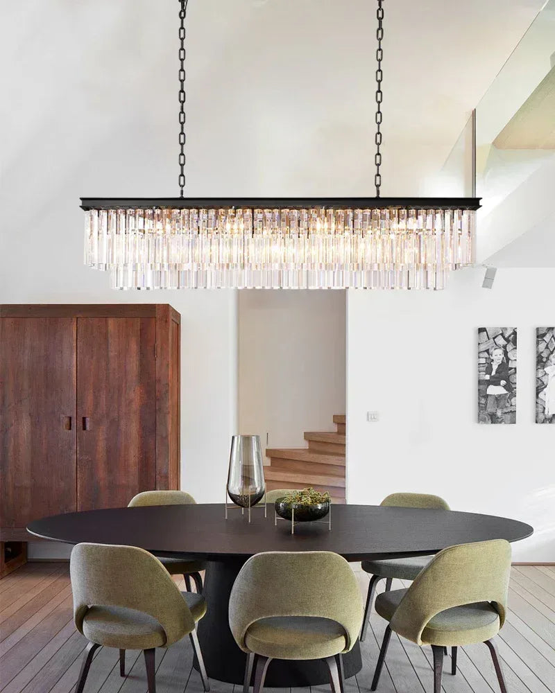 LightsStory Series Prismatic Chandelier | Rectangular Multi-Crystal Brushed matte black or gold iron frame with multi-crystal droplets, Brushed Matte Black or Luxe Gold for Kitchen Islands, Dining Rooms, and Grand Foyers American Vintage chandelier lamp