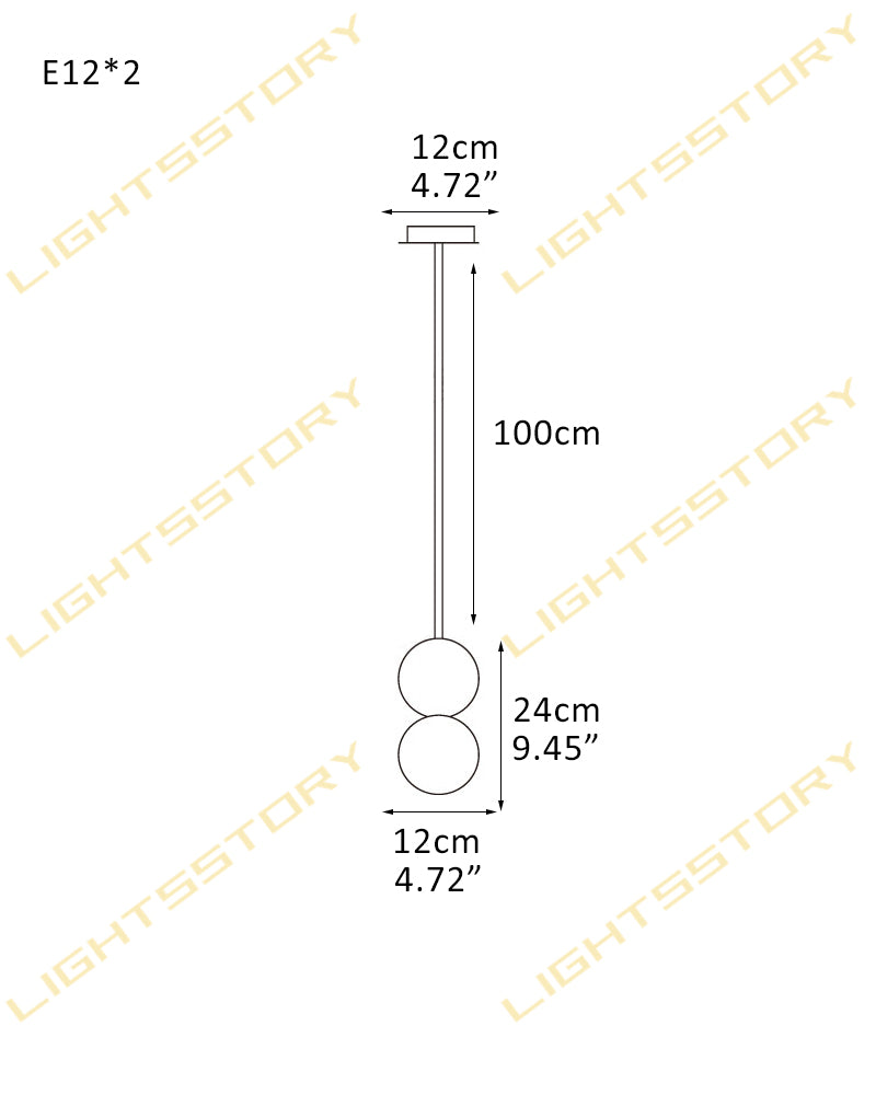 Technical dimension diagram of a hanging light fixture with two round bulbs, showing measurements of 100cm length, 12cm width, and 24cm bulb diameter, with LIGHTSSTORY watermarks across the image.