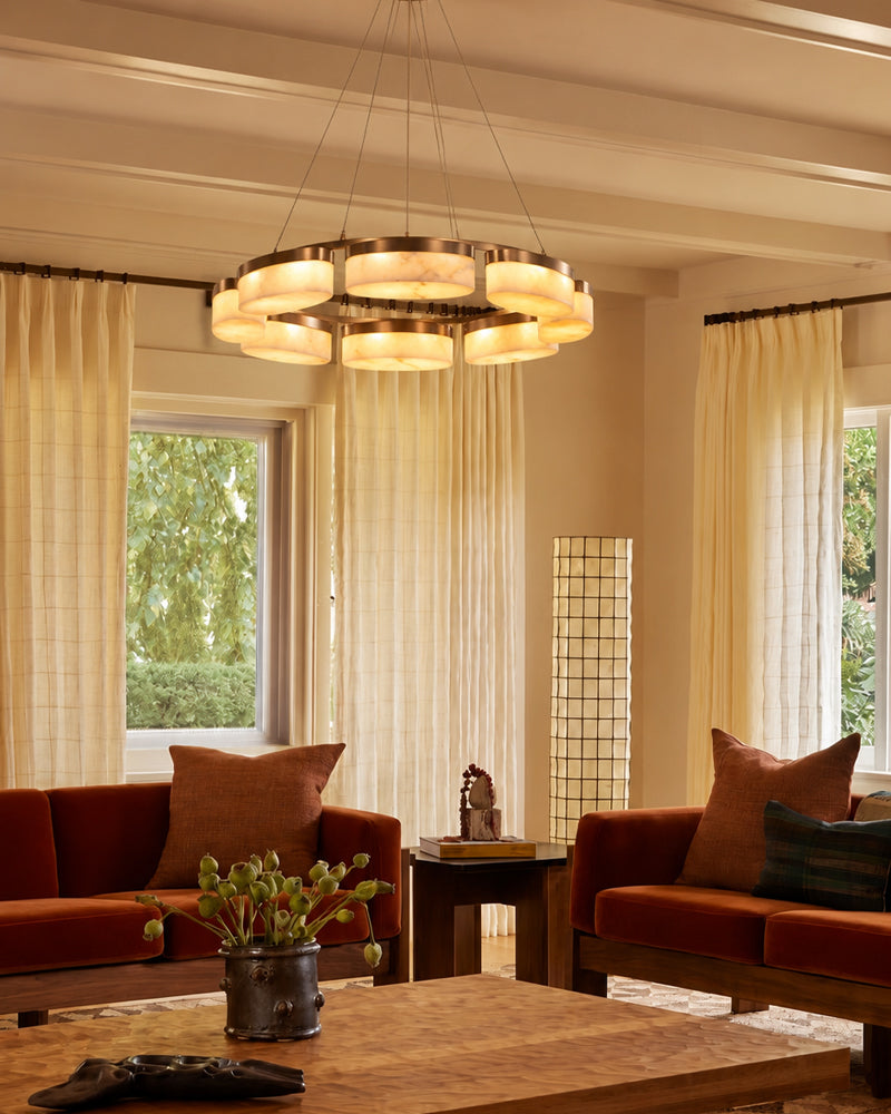 Alabaster Cluster Ring Disc Circular Pendant Light - Natural Spanish Alabaster, Lux Gold Trim - Kitchens, Dining & Living Rooms