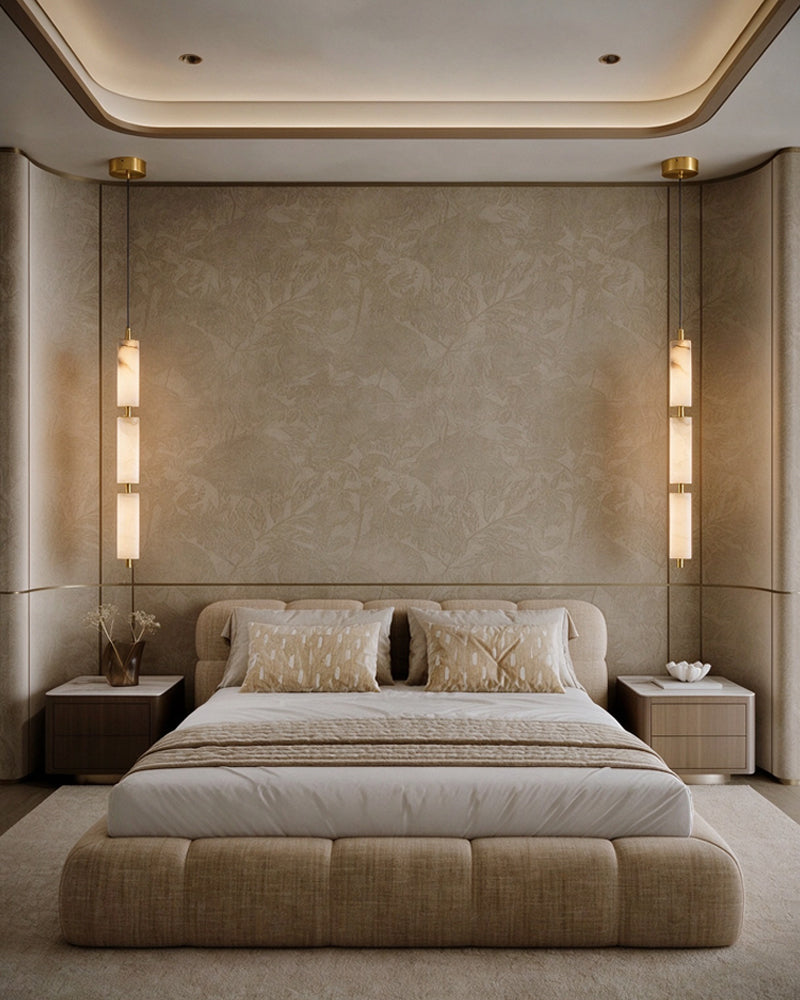 Multi-cylinder pendant light cluster with vertical alabaster cylinder glass shades