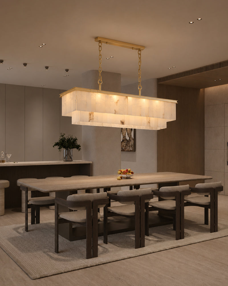 Stowe Alabaster Panel Tapered Canopy Linear Chandelier - Natural Spanish Alabaster, Serene Black Trim - Kitchen Islands & Dining Rooms